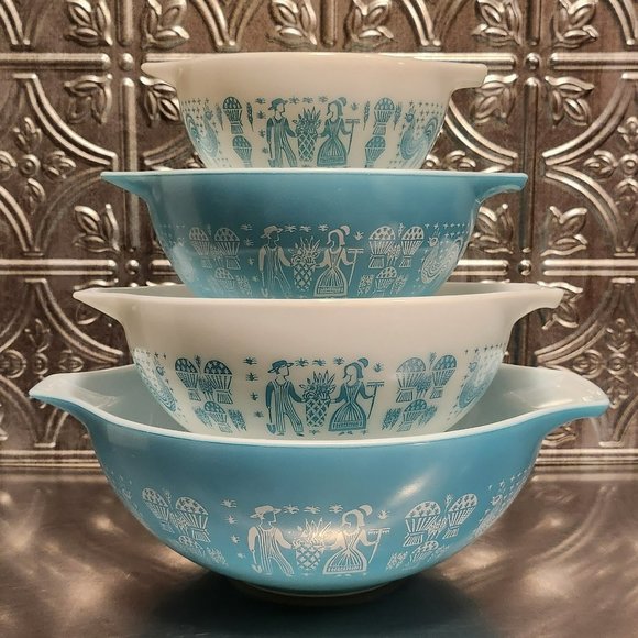 Pyrex Other - Vintage Pyrex Set of 4 Turquoise Amish Butterprint Cinderella Nesting Bowls
